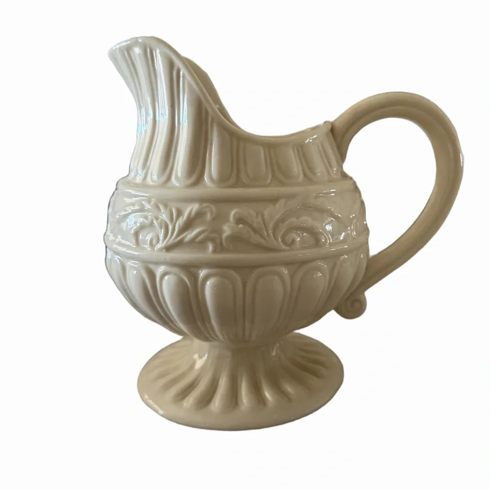 Two’s Company Cream Ceramic Pitcher | Embossed Footed Farmhouse Vase